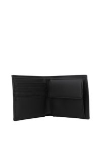 Portofel din piele neagră cu mai multe sloturi pentru carduri, un compartiment pentru monede și o textură netedă. Design compact și minimalist.