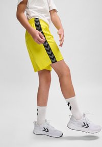 Gelbe Sportshorts mit einem schwarzen Chevron-Streifen, kombiniert mit weißen Turnschuhen und gestreiften Socken, die ein sportliches und funktionales Design präsentieren.