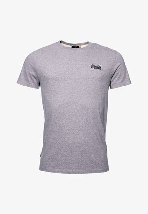 T-shirt gris clair à manches courtes avec col rond et petit logo noir « Superdry » sur le côté gauche de la poitrine.