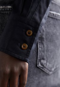 Navy button-up shirt cuff with two brown buttons, featuring a smooth fabric texture, alongside a dark, faded denim background.
