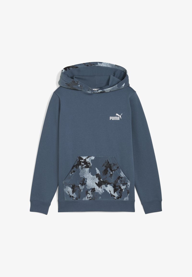 Felpa blu realizzata in un morbido tessuto, con cappuccio a fantasia mimetica e tasca frontale. Presenta un logo bianco sul petto.