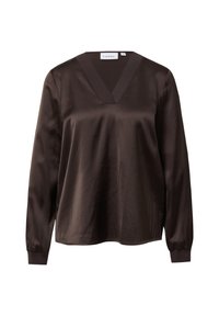 Braune Satinbluse mit langen Ärmeln, V-Ausschnitt und gerippten Manschetten. Glatte Textur, lockere Passform und dezenter Glanz. Sichtbares Markenschild.