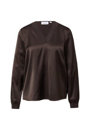 Braune Satinbluse mit langen Ärmeln, V-Ausschnitt und gerippten Manschetten. Glatte Textur, lockere Passform und dezenter Glanz. Sichtbares Markenschild.