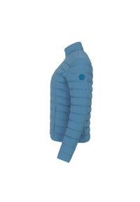 Giacca puffer blu con colletto alto, design a cuciture orizzontali e tasca laterale. Presenta un logo rotondo sul braccio superiore. Texture liscia.
