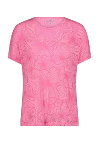 Rosa kortærmet t-shirt med et blomstermønster og linjer, der detaljerer hver blad. Blødt stof med rund hals og afslappet pasform.