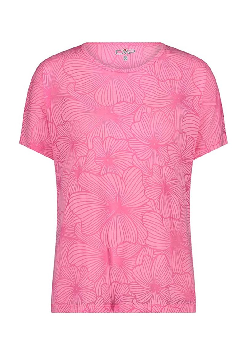 Rosa kortærmet t-shirt med et blomstermønster og linjer, der detaljerer hver blad. Blødt stof med rund hals og afslappet pasform.
