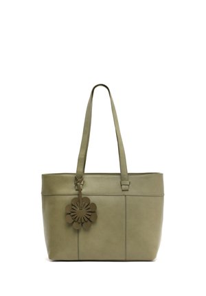 Olive green leather tote bag with two long handles, featuring a decorative flower charm and clean, structured lines.