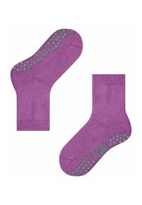 Lila Socken aus weichem Material, mit einer strukturierten Oberfläche und kreisförmigen grünen Griffen an den Sohlen für Rutschfestigkeit.