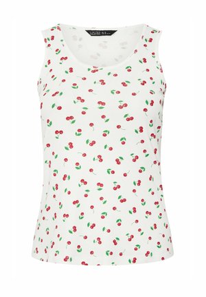 Top bianco senza maniche con motivo di ciliegie rosse e foglie verdi distribuite uniformemente sul tessuto.