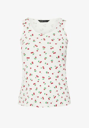 Hvid ærmeløs top med rødt kirsebær- og grønt løvmønster jævnt fordelt over stoffet.
