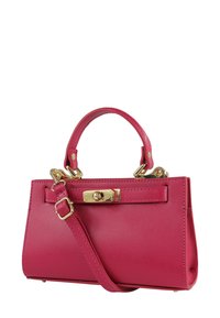 Roze leren handtas met een gestructureerde vorm, gouden hardware, een bovenhandvat en een afneembare schouderriem. Voorzien van een sluitingsclip.