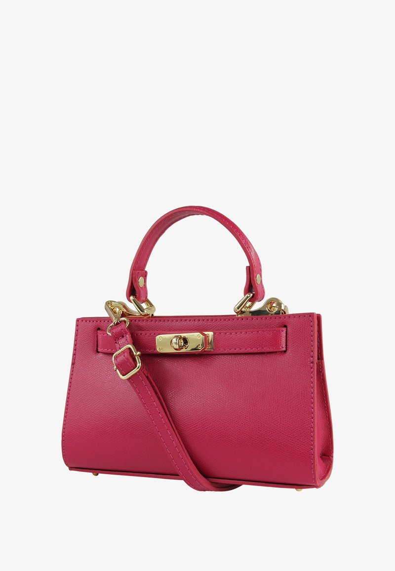 Roze leren handtas met een gestructureerde vorm, gouden hardware, een bovenhandvat en een afneembare schouderriem. Voorzien van een sluitingsclip.