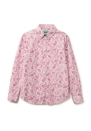 Koszula na guziki z długim rękawem, z wzorem paisley w kolorach różowym i czerwonym na białym tle, z kołnierzykiem.