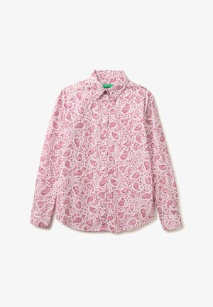Camicia a maniche lunghe con bottoni, motivo floreale paisley rosa e rosso su sfondo bianco, collo con risvolto.