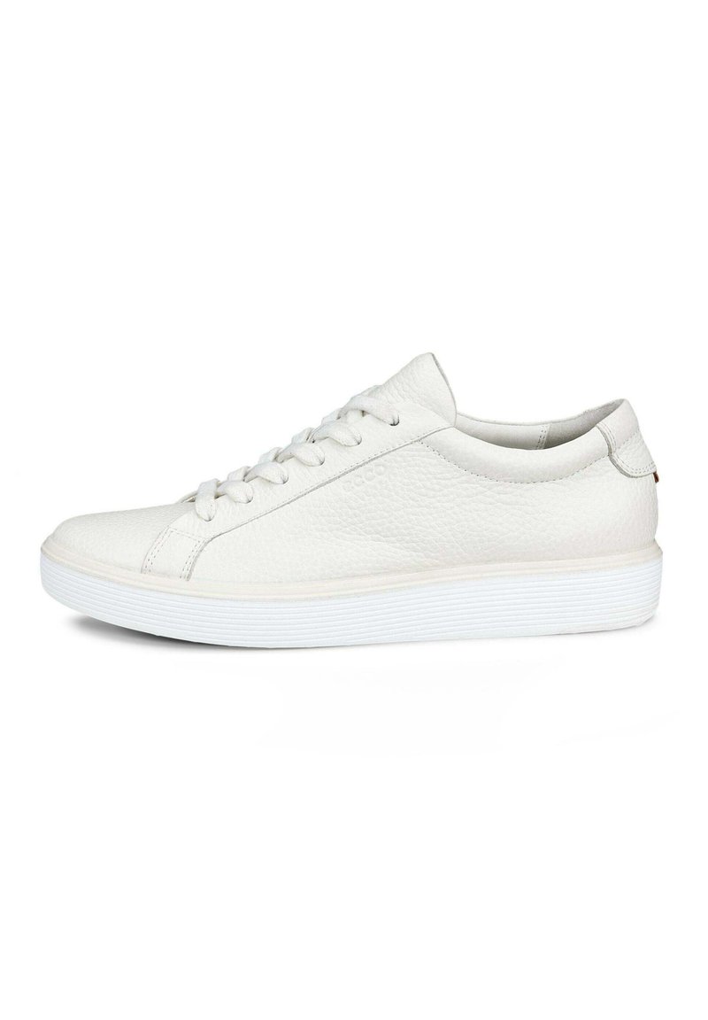 White leather sneaker with a textured finish, round toe, and white rubber sole. Features tonal stitching and a low-cut ankle design.