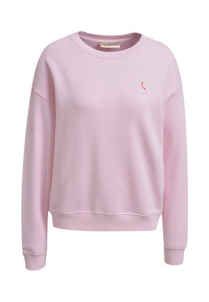Light pink crewneck sweatshirt with long sleeves and small red phone embroidery on the left chest, ribbed cuffs and hem.