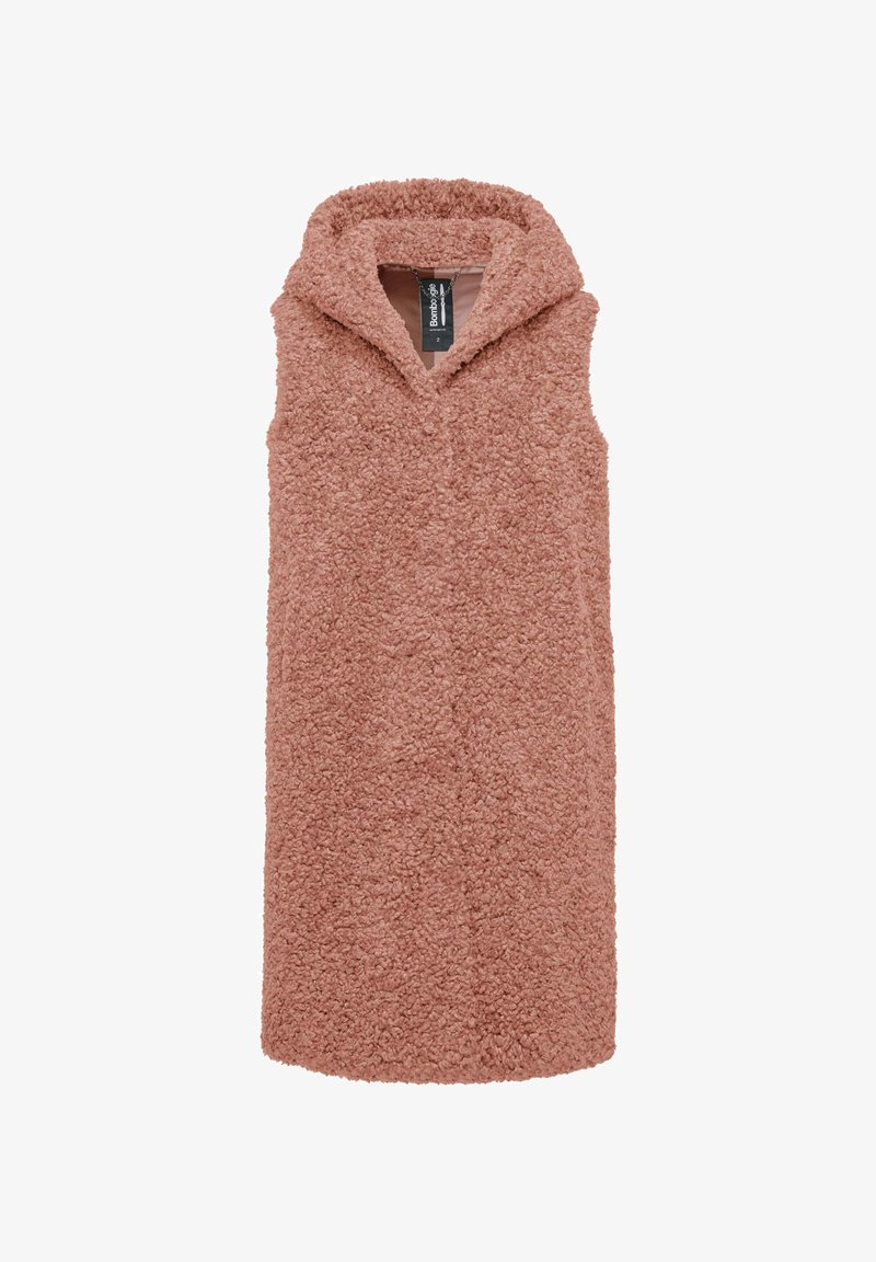 Hooded vest in zachte, gestructureerde blushroze stof. Mouwloos ontwerp met een gezellige, pluizige buitenkant en open voorkant.