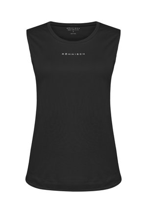 Black sleeveless athletic top made of smooth fabric, featuring a rounded neckline and subtle logo across the chest.
