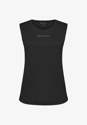 Camiseta deportiva negra sin mangas, confeccionada en tela lisa, con escote redondo y un logo sutil en el pecho.