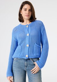 Blauer Strickcardigan mit einem strukturierten Muster, langen Ärmeln, zwei vorderen Taschen und großen cremefarbenen Knöpfen.