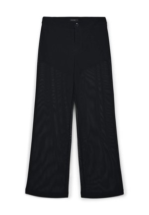 Weite schwarze Hosen aus einem glatten, leichten Stoff. Sie verfügen über einen frontalen Knopfverschluss und ein minimalistisches Design mit klaren Linien.