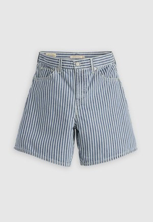Striped denim shorts featuring blue and white vertical stripes, a button closure, and two front pockets. Classic cut with a relaxed fit.