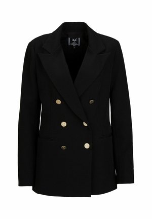 Schwarze, doppelt-knöpfbare Blazer aus glattem Stoff, mit Reverskragen, goldenen Knöpfen und zwei Fronttaschen.