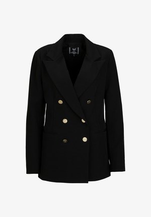 Zwarte dubbelknoop blazer gemaakt van een gladde stof, met een notch lapel, gouden knopen en twee voorzakken.