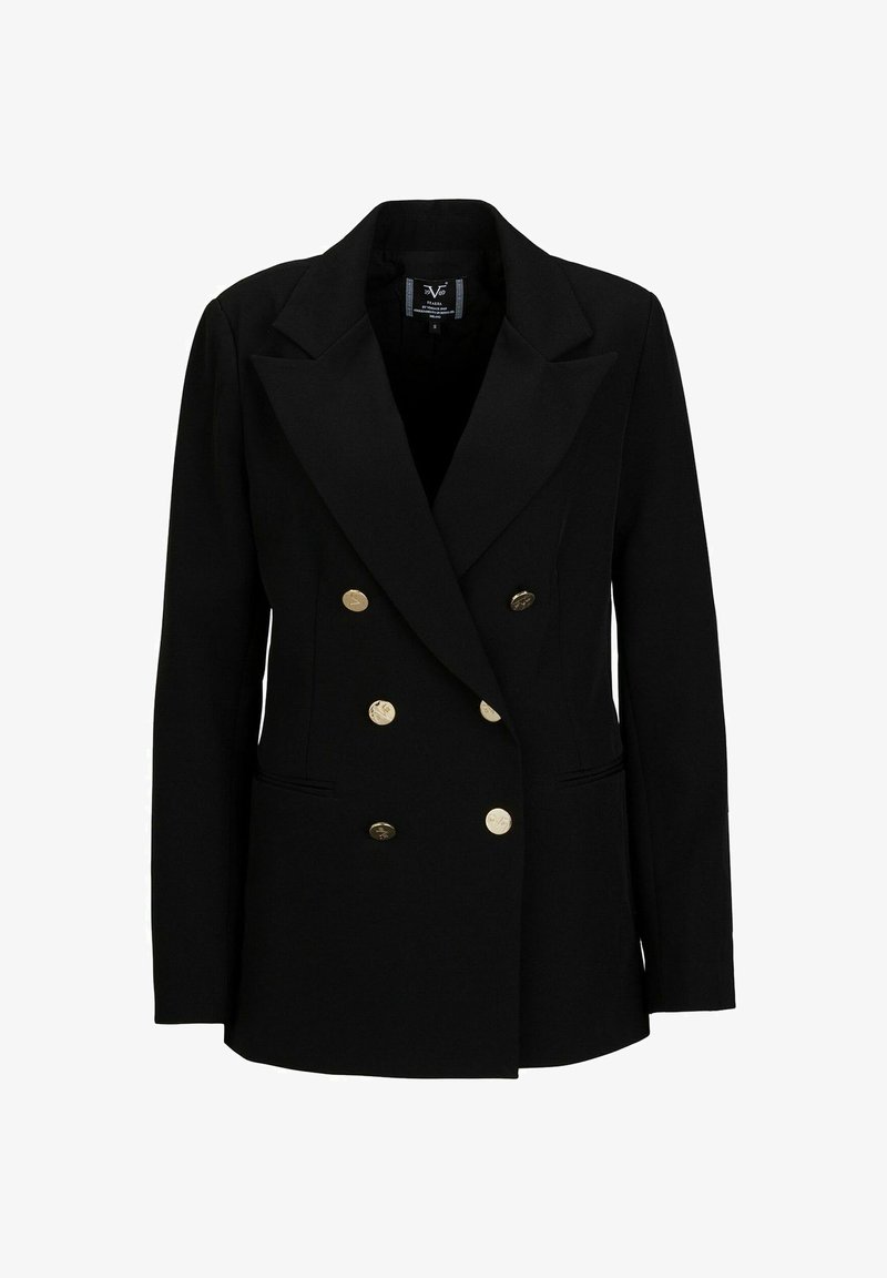 Schwarze, doppelt-knöpfbare Blazer aus glattem Stoff, mit Reverskragen, goldenen Knöpfen und zwei Fronttaschen.