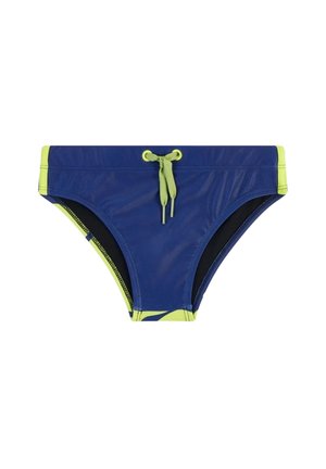 Slip da bagno blu con bordatura giallo neon e coulisse in vita, esposto su sfondo bianco.