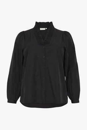 Czarna koszula z guzikami, z długimi bufkami, falbaniastym kołnierzem i luźnym krojem, o gładkiej fakturze i delikatnym połysku.