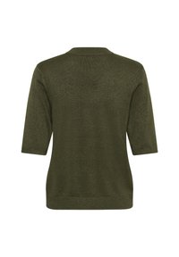 Maglione verde khaki con maniche a tre quarti, scollatura rotonda e finitura testurizzata. Design semplice senza decorazioni.