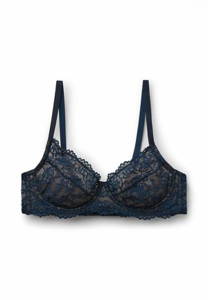 Sujetador azul marino con aros y encaje, con tirantes finos ajustables y patrón floral, diseñado para ofrecer soporte y elegancia.