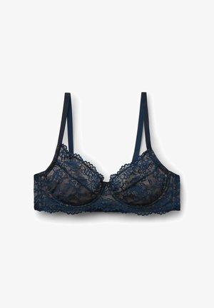 Soutien-gorge à armatures en dentelle bleu marine avec bretelles fines réglables et motif floral, conçu pour le soutien et l'élégance.