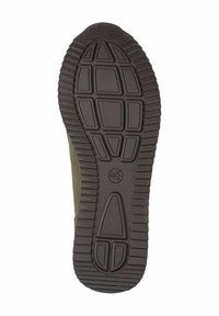 Rubber shoe sole with textured grip pattern. Dark brown color features raised geometric accents and ridged edges for traction.