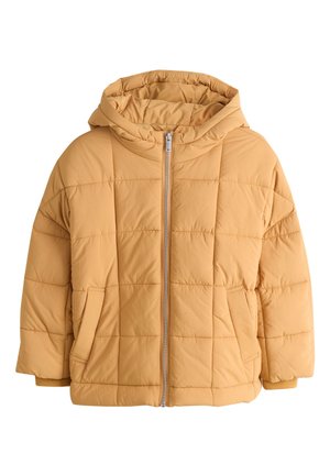 Jasna brązowa pikowana kurtka puchowa z kapturem, zamkiem błyskawicznym z przodu, bocznymi kieszeniami i ściągaczami, zaprojektowana na zimną pogodę.