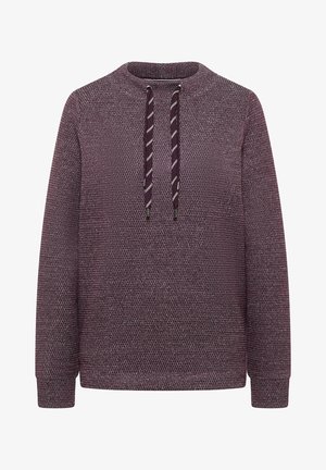 Herren Langarm-Maronfarbener Strick-Hoodie mit strukturiertem Muster und gestreiften Zugbändern auf weißem Hintergrund.