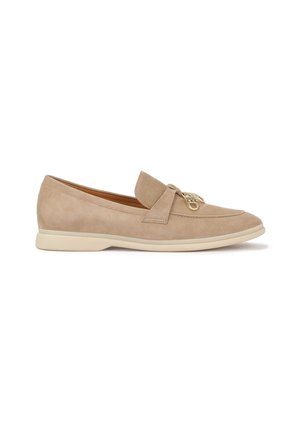 Beige Wildleder Slipper mit runder Zehenpartie, dekorativem Schleifenakzent und einer hellen Gummisohle. Sanfte Textur mit dezenten Nähdetails.