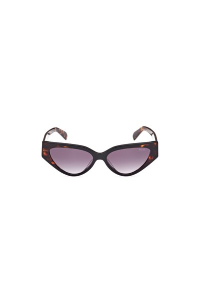 Ochelari de soare tip cat-eye cu un cadru din plastic negru și broască țestoasă, lentile gradient de culoare purpurie și margini unghiulare, ascuțite pentru un design îndrăzneț.