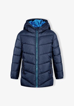 Sötétkék pufferek jacket kapucnival, elöl cipzárral, világoskék béleléssel és két oldalsó zsebbel, amelyek steppelt mintázattal rendelkeznek.