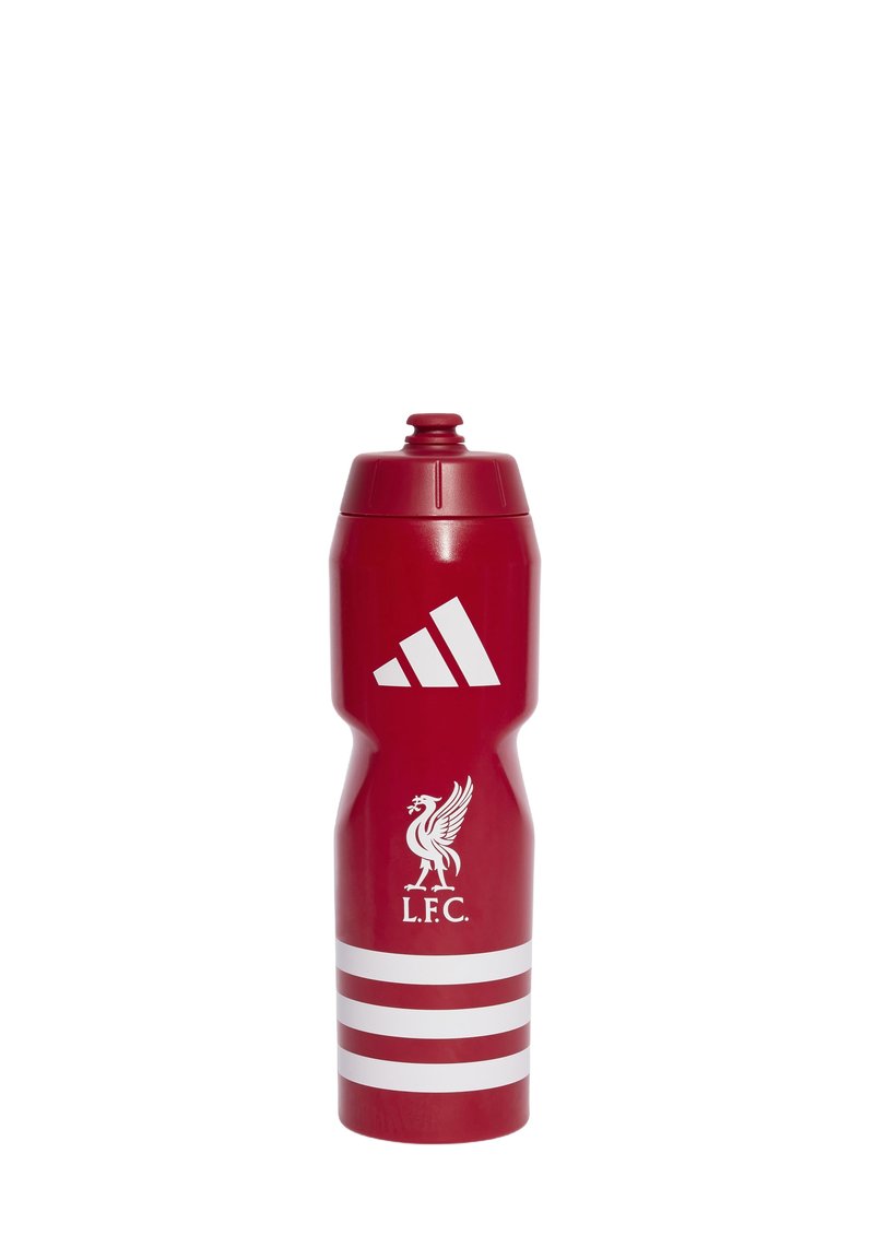 Rote Kunststoff-Wasserflasche mit Schraubverschluss, ausgestattet mit einem weißen Adidas-Logo und einem Liverpool FC-Wappen sowie drei weißen horizontalen Streifen.