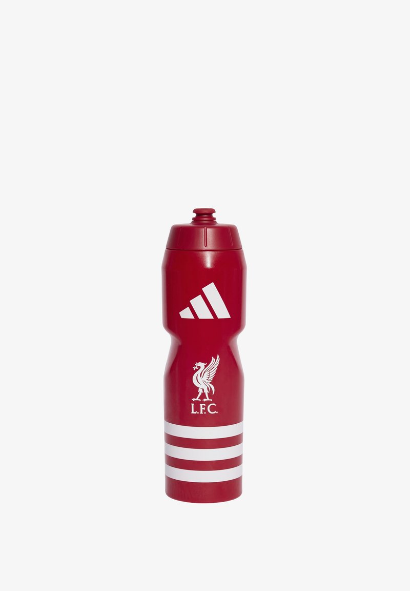 Rote Kunststoff-Wasserflasche mit Schraubverschluss, ausgestattet mit einem weißen Adidas-Logo und einem Liverpool FC-Wappen sowie drei weißen horizontalen Streifen.
