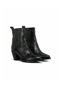 Stivaletti in pelle nera con punta affusolata, design floreale testurizzato e pannelli laterali elasticizzati, dotati di tacco impilato.