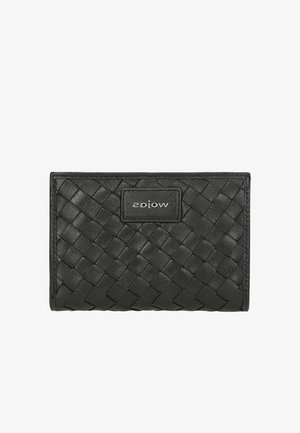 Black woven leather wallet with a rectangular shape. Features a textured pattern and a small branded plaque on the front.