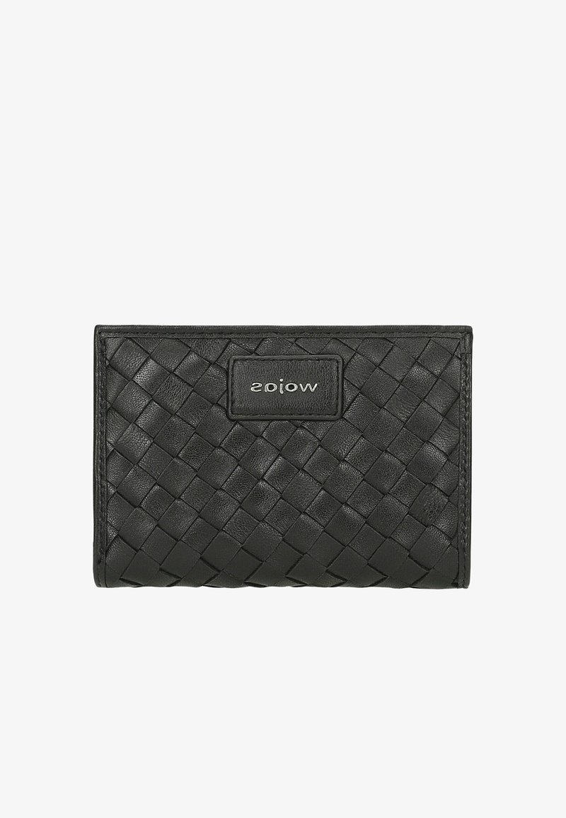 Zwarte geweven leren portemonnee met een rechthoekige vorm. Heeft een gestructureerd patroon en een klein merkplaatje aan de voorkant.