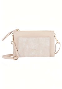Beige faux leather crossbody bag with a textured front pocket, gold hardware, a detachable strap, and a zip closure, featuring a minimalist design.