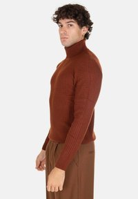 Maglione a dolcevita a coste in ruggine con un design aderente. Realizzato in un tessuto a maglia testurizzato, presenta maniche lunghe e un colletto alto.