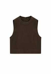 Haut sans manches marron en lin avec un col rond et un ourlet droit. Doté d'une fermeture à boutons au dos. Texture lisse.