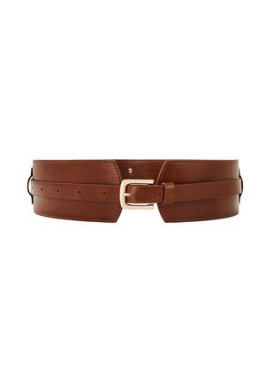 Wide brown leather belt with gold rectangular buckle and multiple adjustment holes, designed for fashion and waist support.