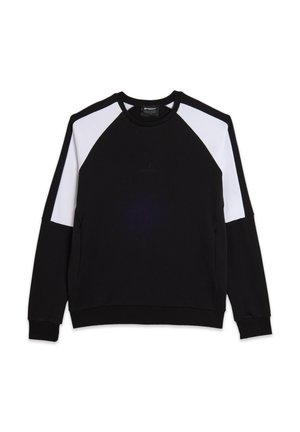 Felpa nera con maniche raglan bianche, scollo rotondo e un piccolo logo in rilievo sul petto. Realizzata in un tessuto morbido e resistente.